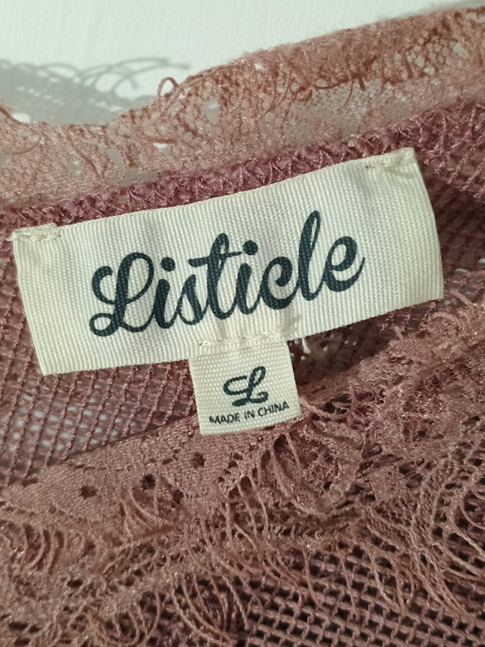 Listicle Dusty Rose Waffle Knit Lace V-Neck Top Long Sleeve Size L - Picture 6 of 8